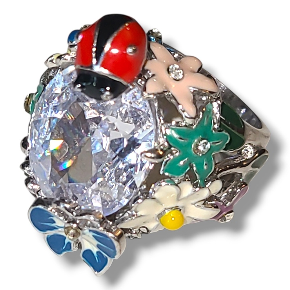 Big Ladybug Butterfly Floral Enamel Cocktail Ring Huge CZ Silver Tone Sz 9